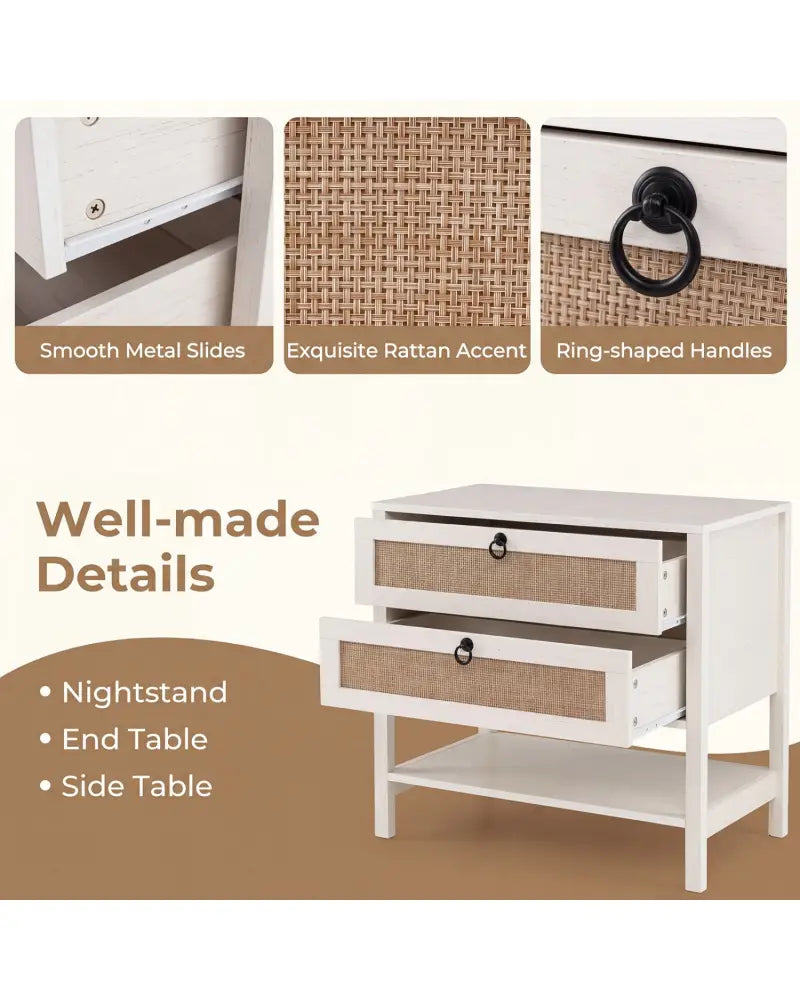 Boho Rattan Nightstand with 2 Drawers and Bottom Open Shelf-White - White - Nightstands