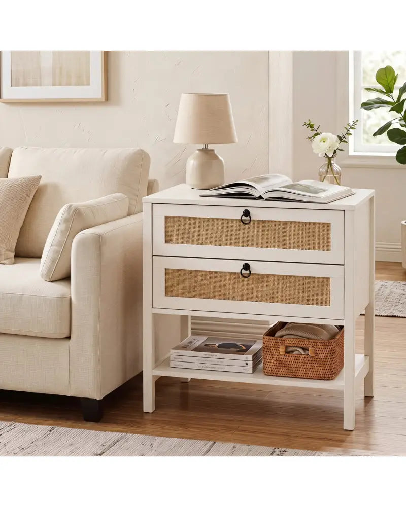 Boho Rattan Nightstand with 2 Drawers and Bottom Open Shelf-White - White - Nightstands
