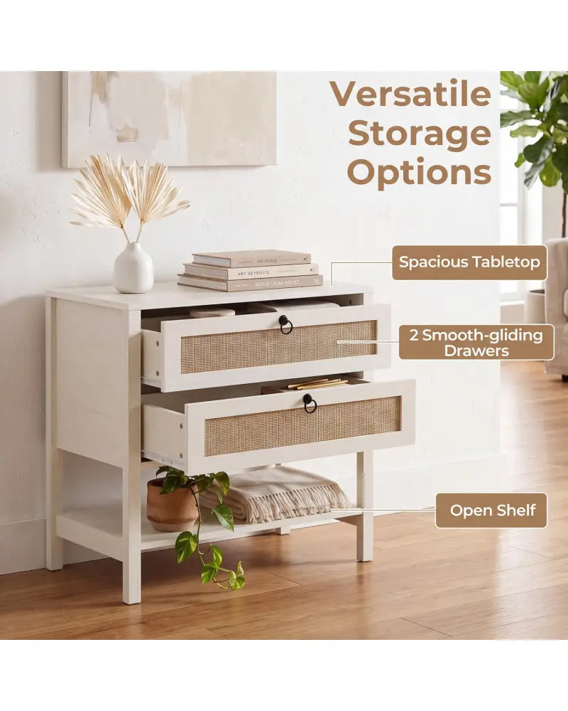 Boho Rattan Nightstand with 2 Drawers and Bottom Open Shelf-White - White - Nightstands