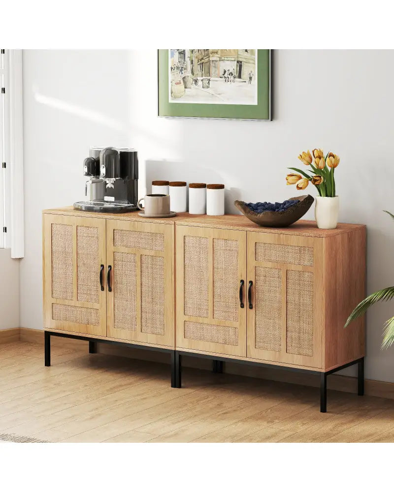 Boho Storage Cabinet with Asymmetrical Pattern Doors for Kitchen-Natural - Natural - Sideboards Cabinets & Buffets