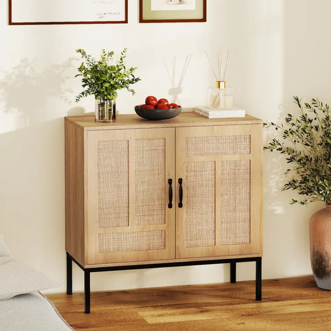 Boho Storage Cabinet with Asymmetrical Pattern Doors for Kitchen-Natural - Natural - Sideboards Cabinets & Buffets