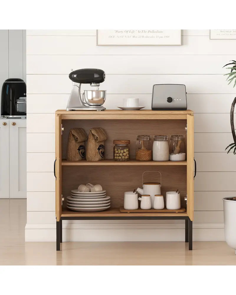 Boho Storage Cabinet with Asymmetrical Pattern Doors for Kitchen-Natural - Natural - Sideboards Cabinets & Buffets