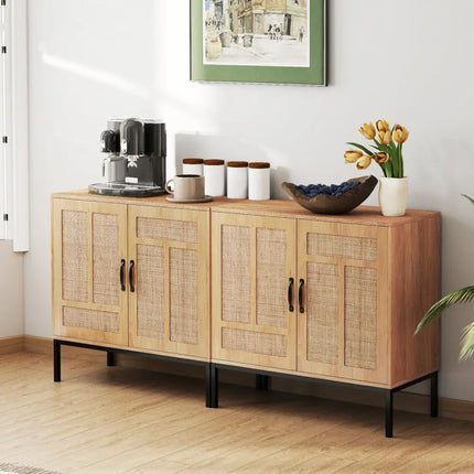 Boho Storage Cabinet with Asymmetrical Pattern Doors for Kitchen-Natural - Natural - Sideboards Cabinets & Buffets