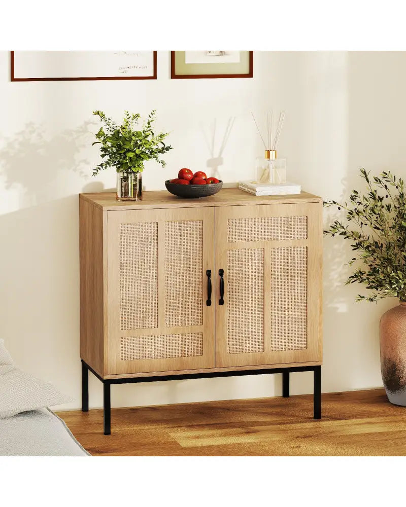 Boho Storage Cabinet with Asymmetrical Pattern Doors for Kitchen-Natural - Natural - Sideboards Cabinets & Buffets
