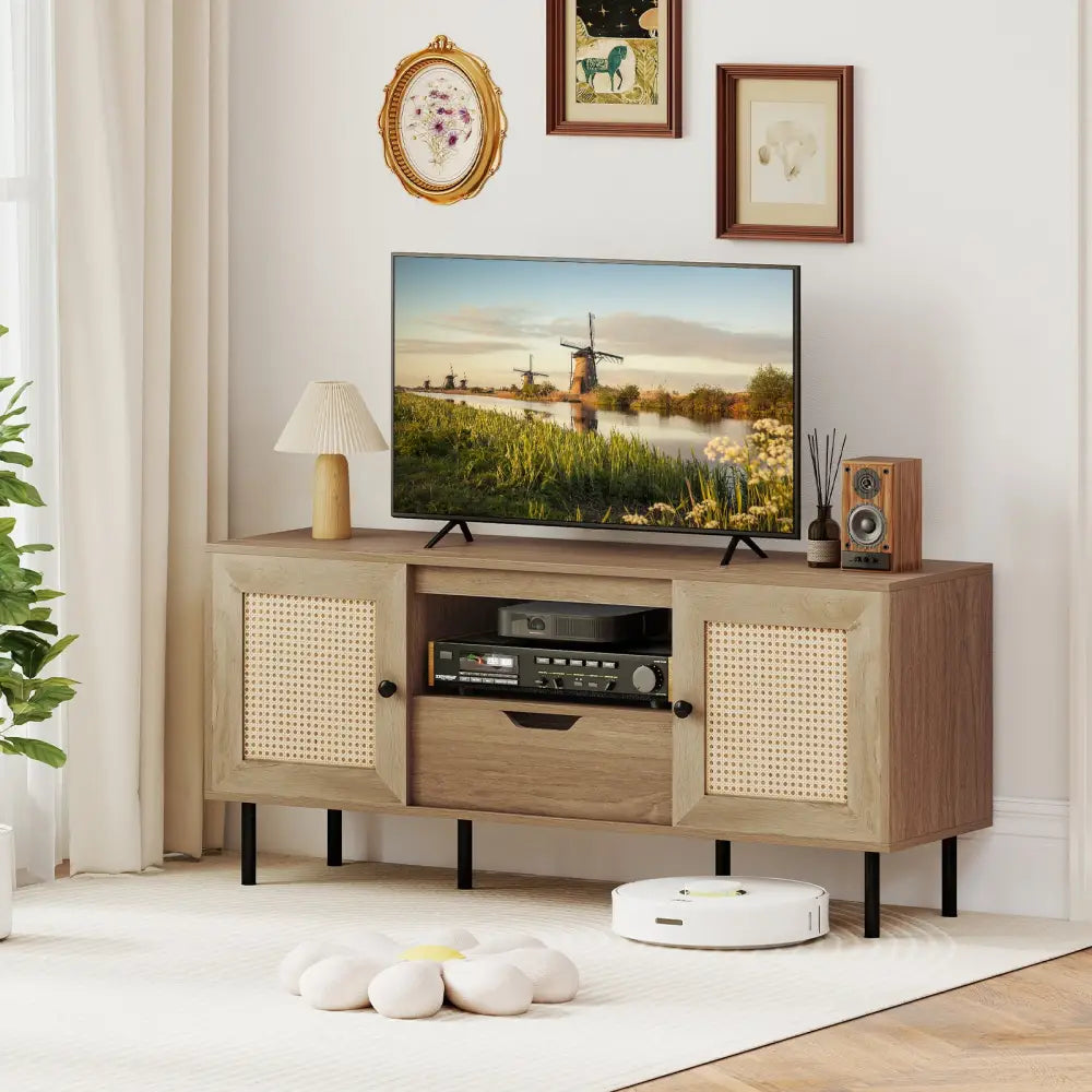 Boho TV Stand for 60 Inch TV Entertainment Center with Cabinets and Storage Shelf-Natural - Natural - Entertainment