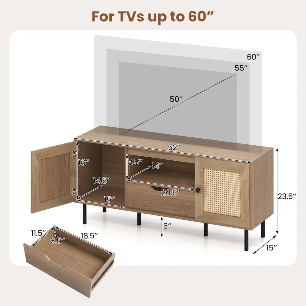 Boho TV Stand for 60 Inch TV Entertainment Center with Cabinets and Storage Shelf-Natural - Natural - Entertainment