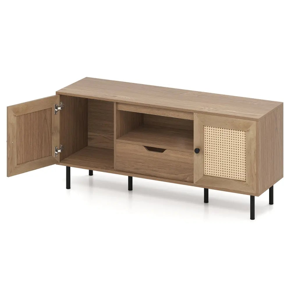Boho TV Stand for 60 Inch TV Entertainment Center with Cabinets and Storage Shelf-Natural - Natural - Entertainment