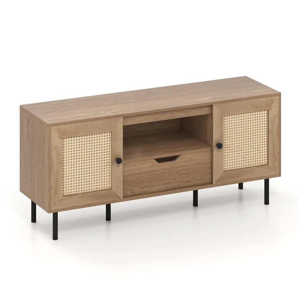Boho TV Stand for 60 Inch TV Entertainment Center with Cabinets and Storage Shelf-Natural - Natural - Entertainment