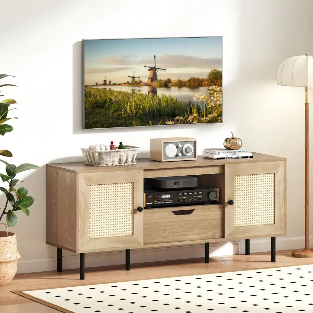 Boho TV Stand for 60 Inch TV Entertainment Center with Cabinets and Storage Shelf-Natural - Natural - Entertainment