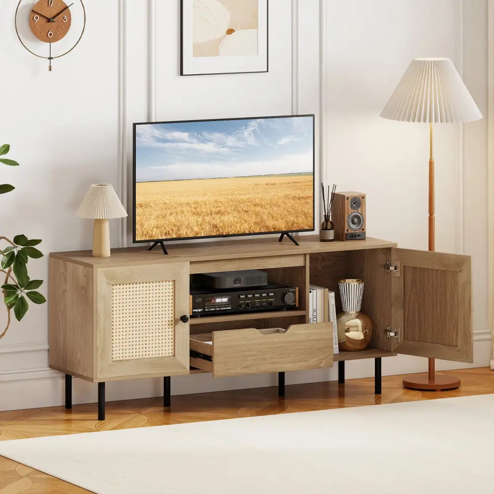 Boho TV Stand for 60 Inch TV Entertainment Center with Cabinets and Storage Shelf-Natural - Natural - Entertainment
