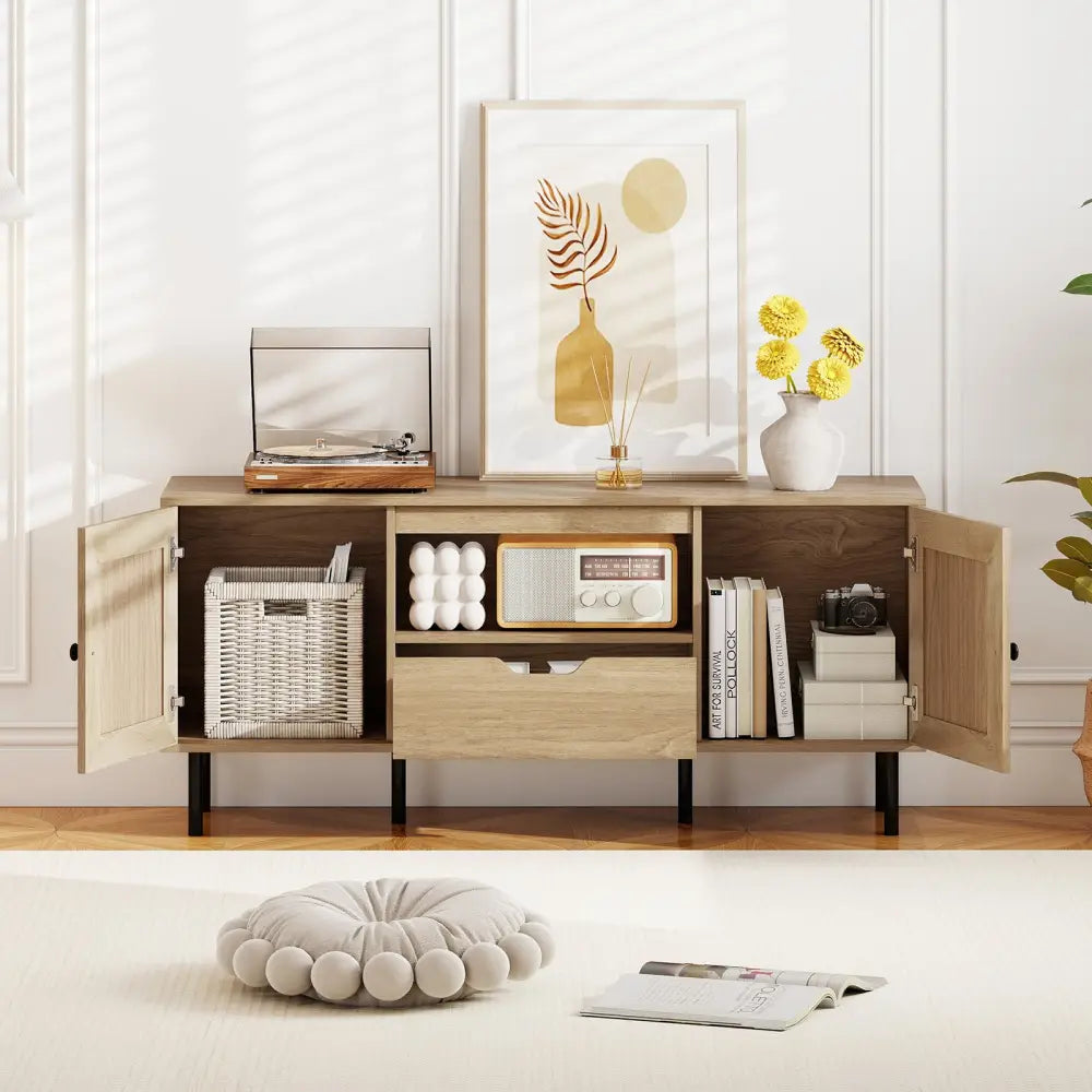Boho TV Stand for 60 Inch TV Entertainment Center with Cabinets and Storage Shelf-Natural - Natural - Entertainment