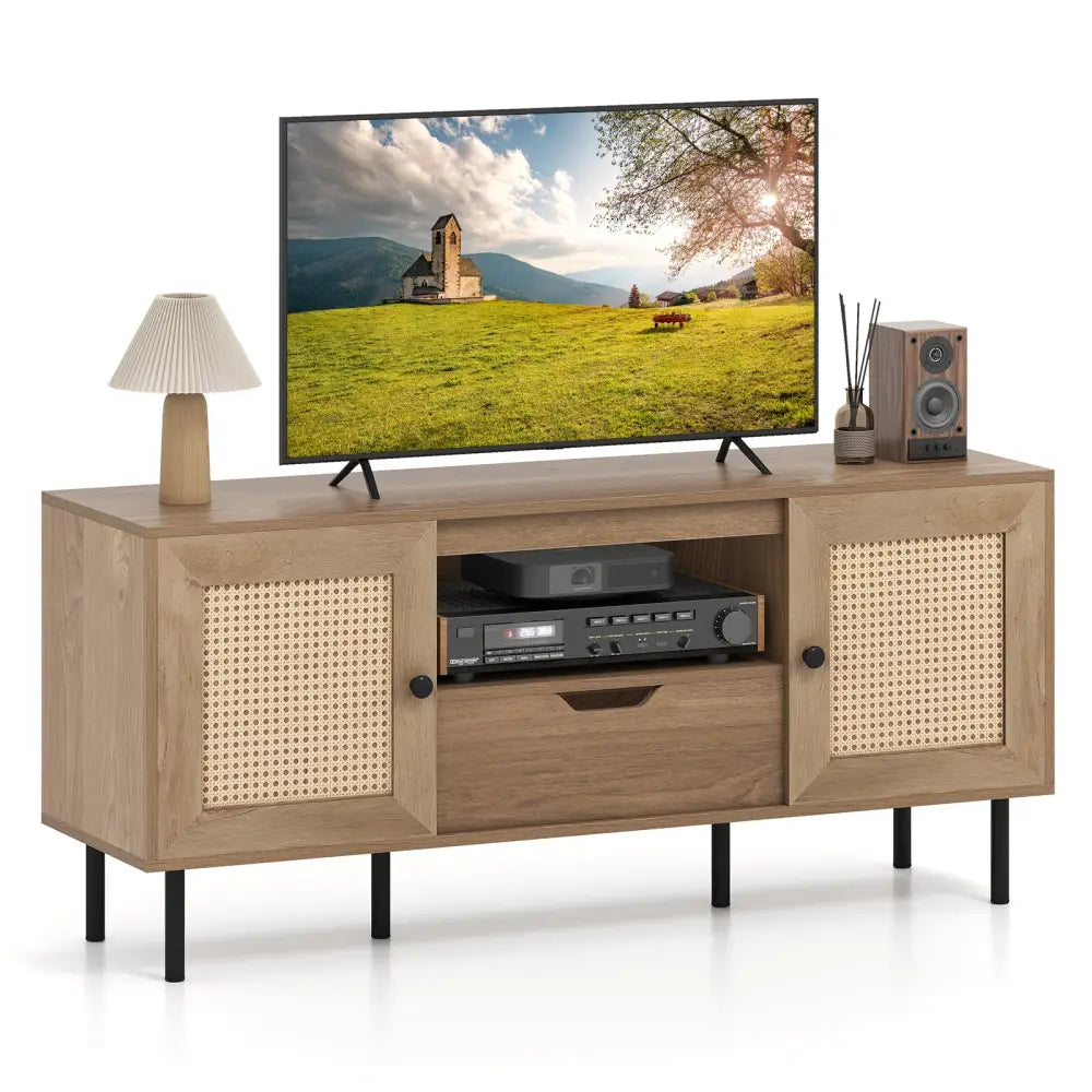 Boho TV Stand for 60 Inch TV Entertainment Center with Cabinets and Storage Shelf-Natural - Natural - Entertainment