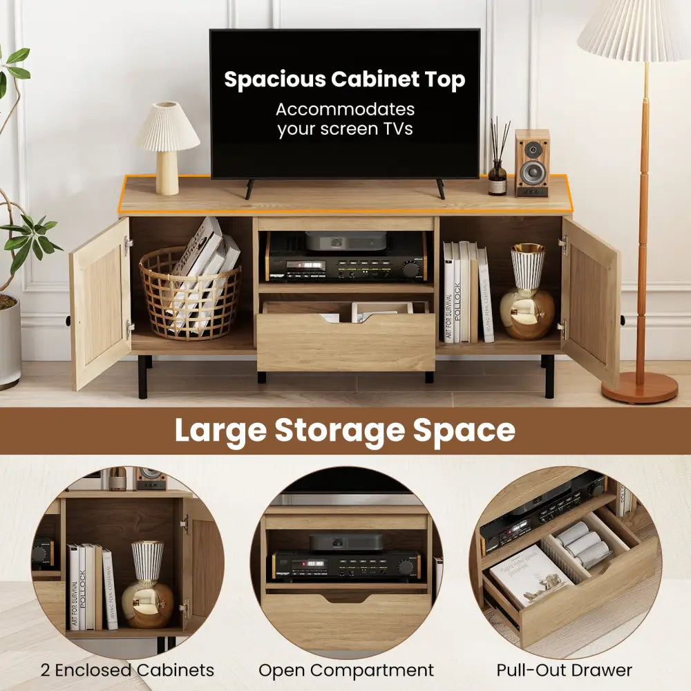Boho TV Stand for 60 Inch TV Entertainment Center with Cabinets and Storage Shelf-Natural - Natural - Entertainment