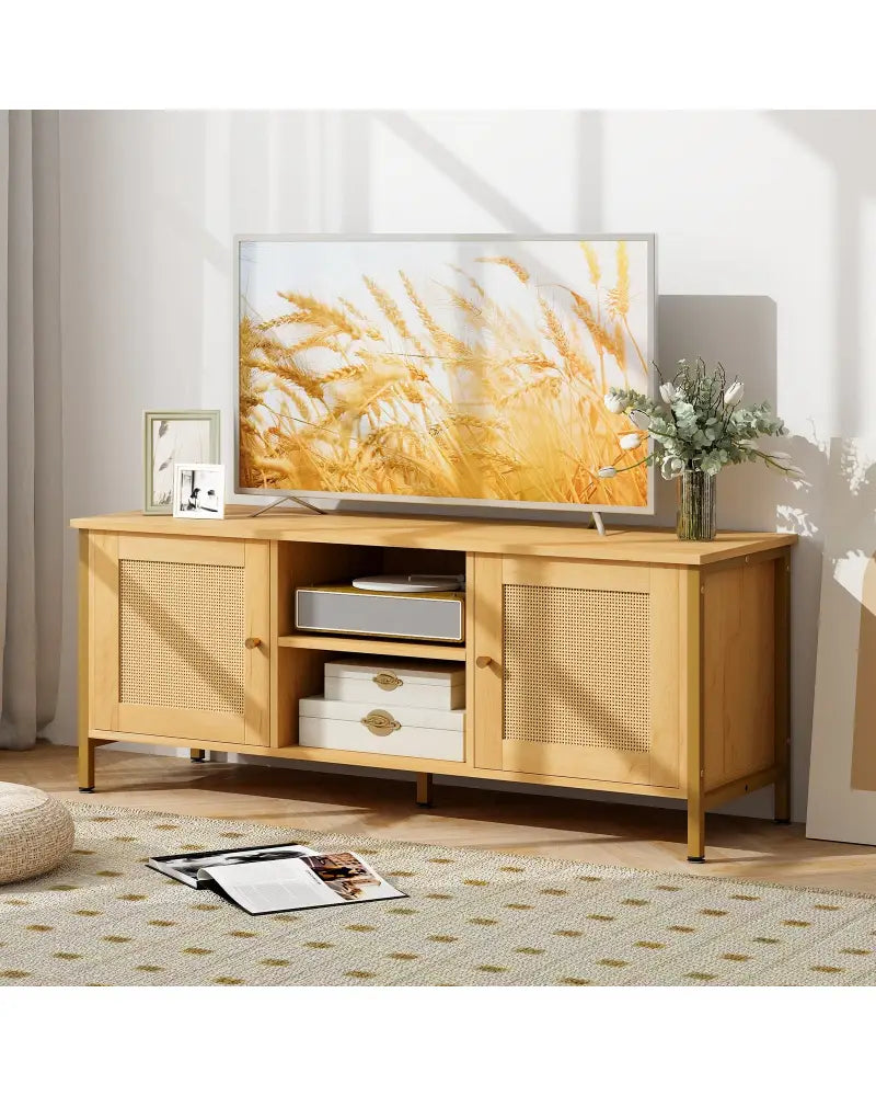 Boho TV Stand for TV up to 55 Inches with Faux Rattan Door-Natural - Natural - Entertainment Centers & TV Stands