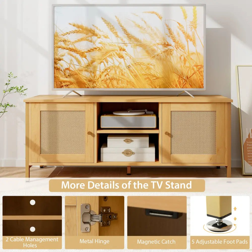 Boho TV Stand for TV up to 55 Inches with Faux Rattan Door-Natural - Natural - Entertainment Centers & TV Stands