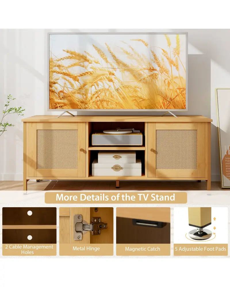 Boho TV Stand for TV up to 55 Inches with Faux Rattan Door-Natural - Natural - Entertainment Centers & TV Stands