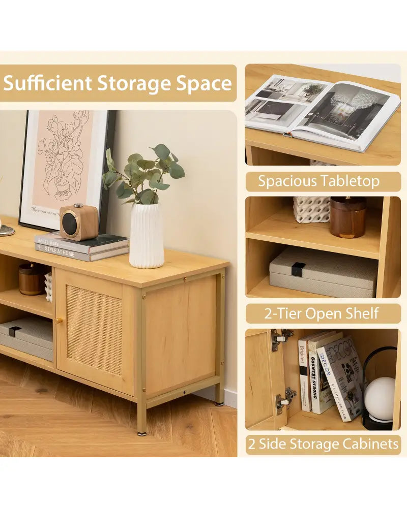 Boho TV Stand for TV up to 55 Inches with Faux Rattan Door-Natural - Natural - Entertainment Centers & TV Stands
