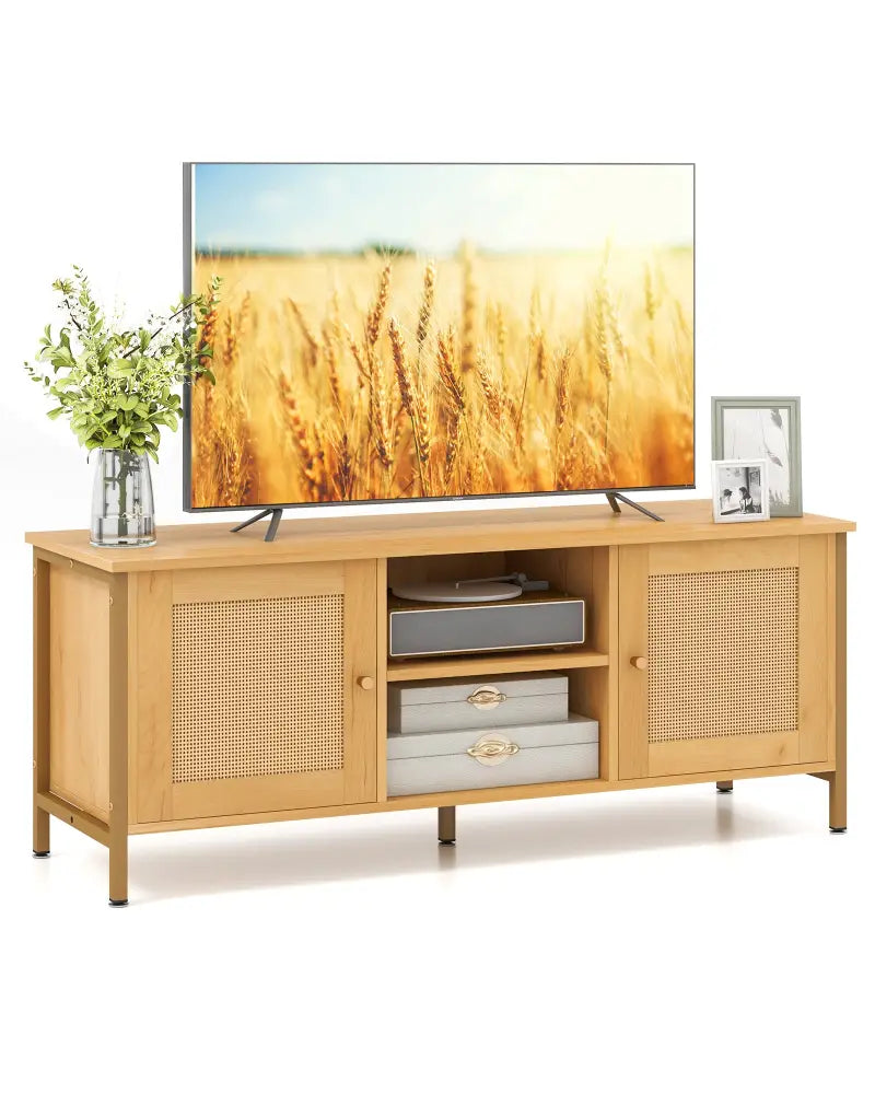 Boho TV Stand for TV up to 55 Inches with Faux Rattan Door-Natural - Natural - Entertainment Centers & TV Stands