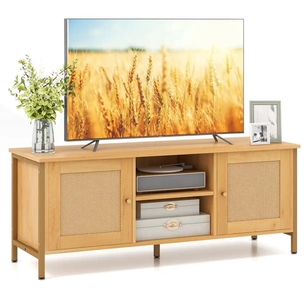 Boho TV Stand for TV up to 55 Inches with Faux Rattan Door-Natural - Natural - Entertainment Centers & TV Stands