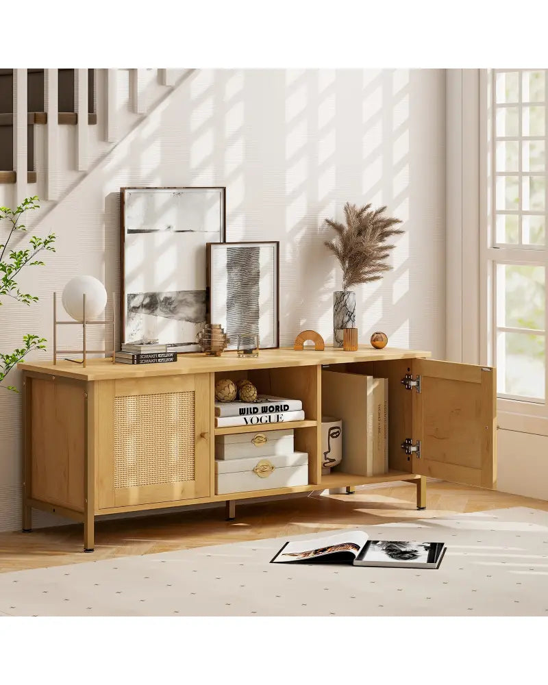 Boho TV Stand for TV up to 55 Inches with Faux Rattan Door-Natural - Natural - Entertainment Centers & TV Stands