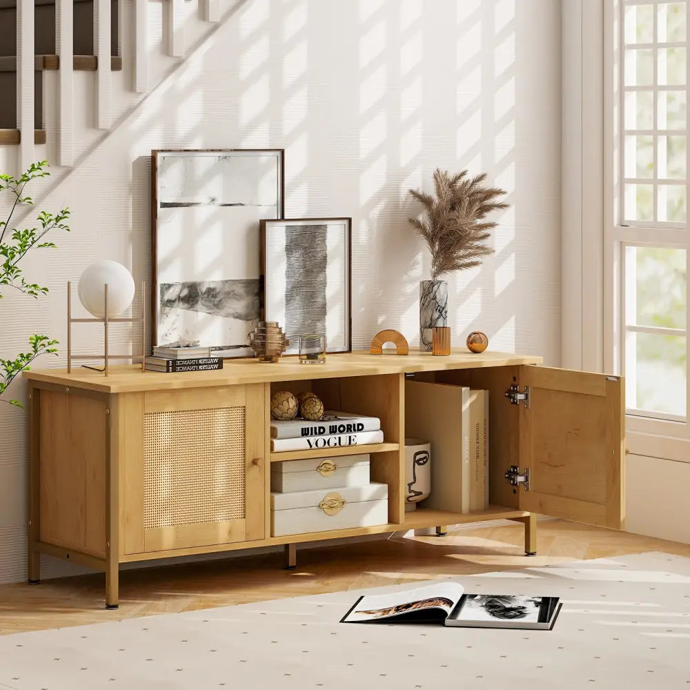 Boho TV Stand for TV up to 55 Inches with Faux Rattan Door-Natural - Natural - Entertainment Centers & TV Stands