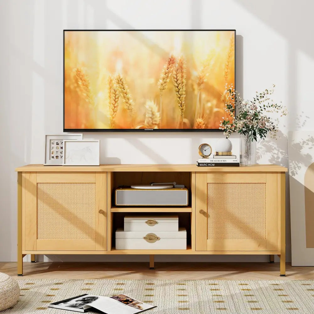 Boho TV Stand for TV up to 55 Inches with Faux Rattan Door-Natural - Natural - Entertainment Centers & TV Stands