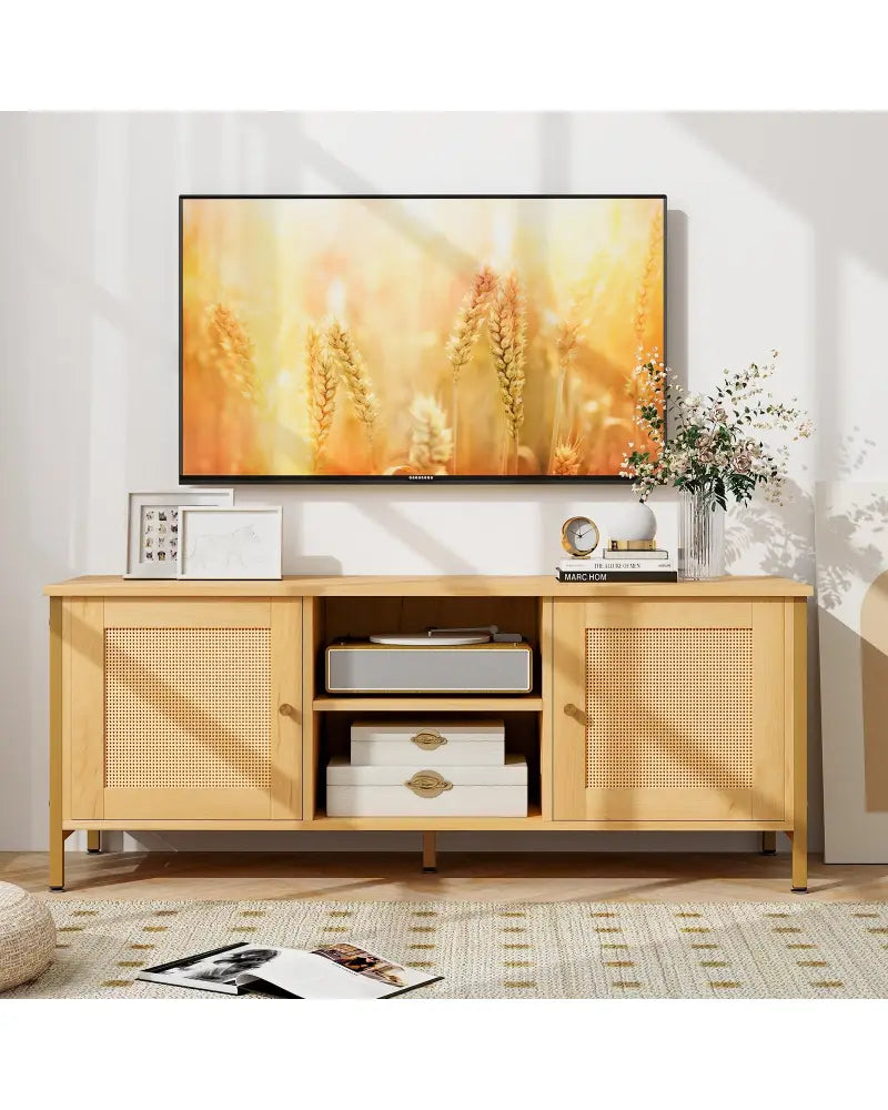 Boho TV Stand for TV up to 55 Inches with Faux Rattan Door-Natural - Natural - Entertainment Centers & TV Stands