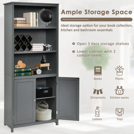 Bookcase Shelving Storage Wooden Cabinet Unit Standing Display Bookcase with Doors-Gray - Gray - Bookcases
