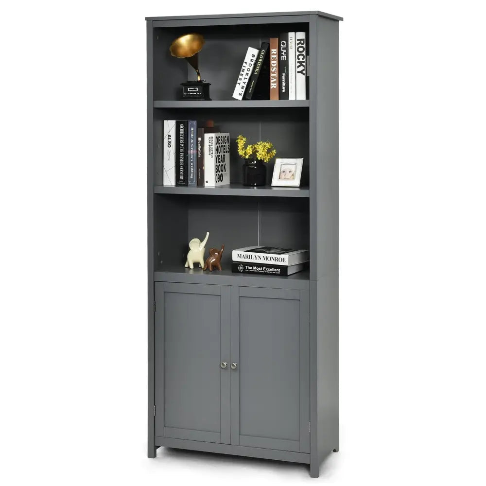 Bookcase Shelving Storage Wooden Cabinet Unit Standing Display Bookcase with Doors-Gray - Gray - Bookcases