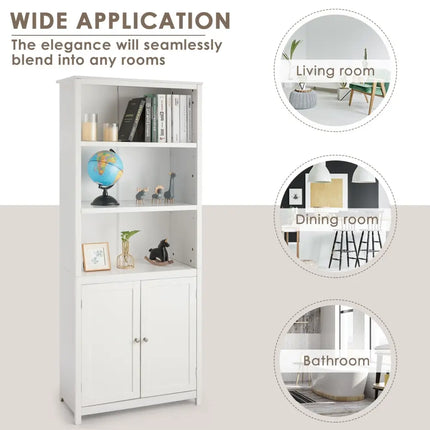 Bookcase Shelving Storage Wooden Cabinet Unit Standing Display Bookcase with Doors-White - White - Bookcases