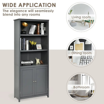 Bookcase Shelving Storage Wooden Cabinet Unit Standing Display Bookcase with Doors-Gray - Gray - Bookcases