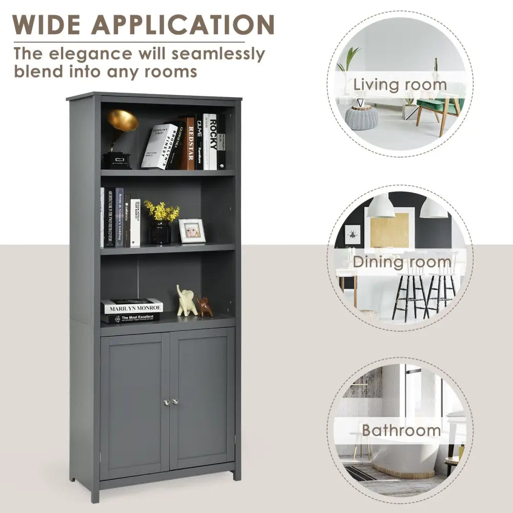 Bookcase Shelving Storage Wooden Cabinet Unit Standing Display Bookcase with Doors-Gray - Gray - Bookcases