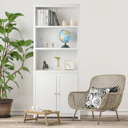 Bookcase Shelving Storage Wooden Cabinet Unit Standing Display Bookcase with Doors-White - White - Bookcases