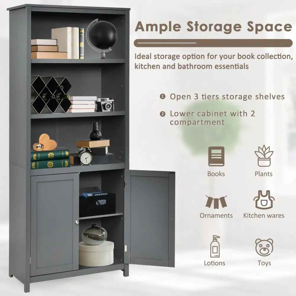 Bookcase Shelving Storage Wooden Cabinet Unit Standing Display Bookcase with Doors-Gray - Gray - Bookcases
