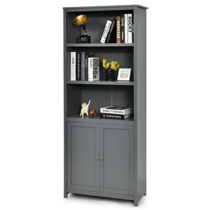 Bookcase Shelving Storage Wooden Cabinet Unit Standing Display Bookcase with Doors-Gray - Gray - Bookcases