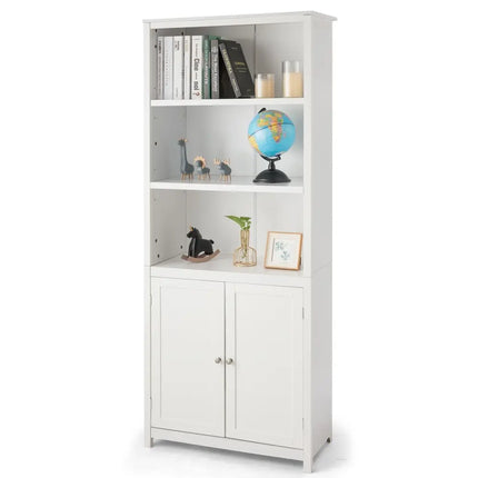 Bookcase Shelving Storage Wooden Cabinet Unit Standing Display Bookcase with Doors-White - White - Bookcases