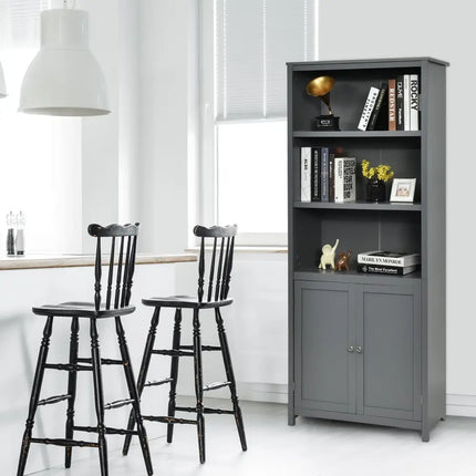 Bookcase Shelving Storage Wooden Cabinet Unit Standing Display Bookcase with Doors-Gray - Gray - Bookcases