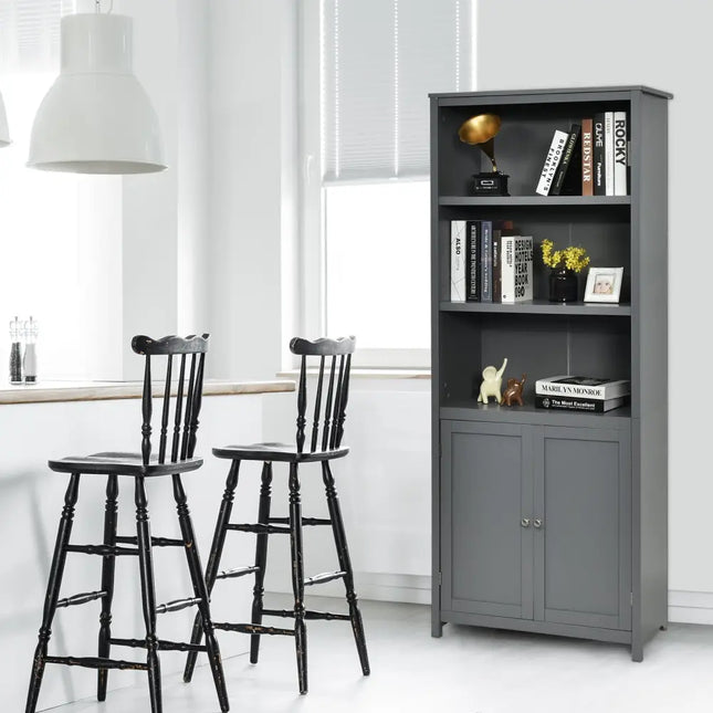 Bookcase Shelving Storage Wooden Cabinet Unit Standing Display Bookcase with Doors-Gray - Gray - Bookcases