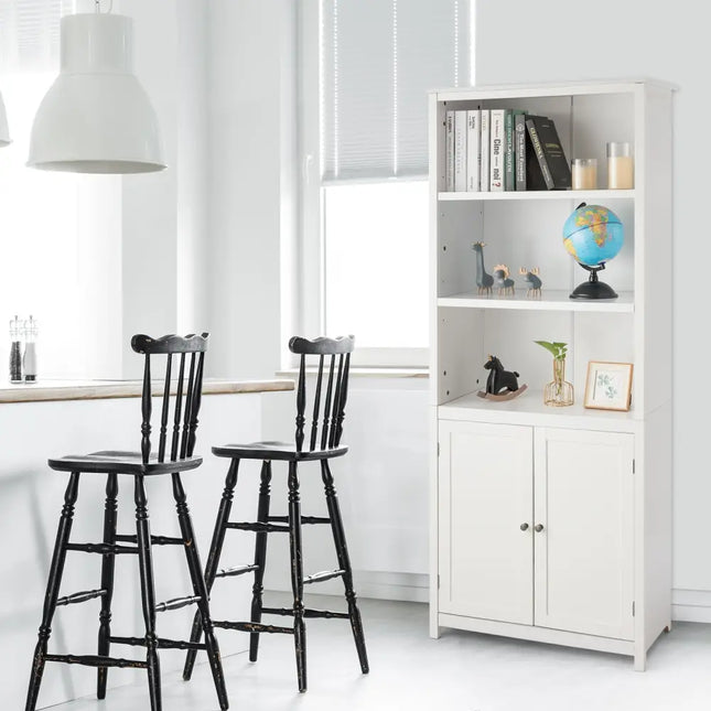 Bookcase Shelving Storage Wooden Cabinet Unit Standing Display Bookcase with Doors-White - White - Bookcases