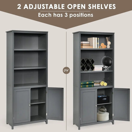 Bookcase Shelving Storage Wooden Cabinet Unit Standing Display Bookcase with Doors-Gray - Gray - Bookcases
