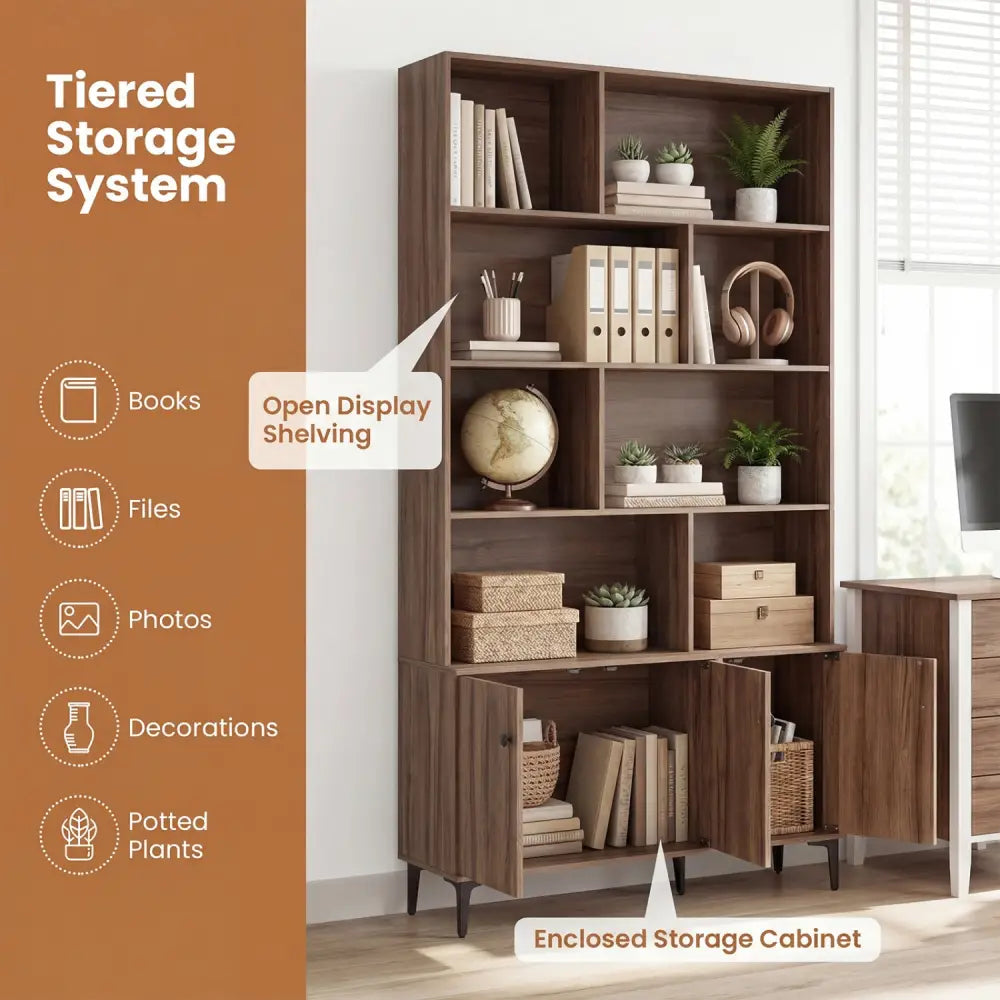 Bookshelf with 3 Doors and 2 Anti-Tipping Kits for Home Office-Walnut - Walnut - Bookcases