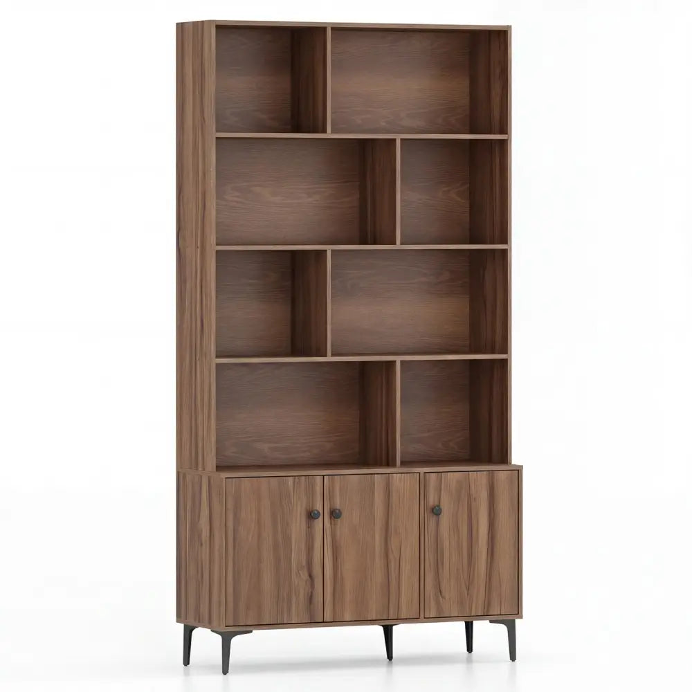 Bookshelf with 3 Doors and 2 Anti-Tipping Kits for Home Office-Walnut - Walnut - Bookcases