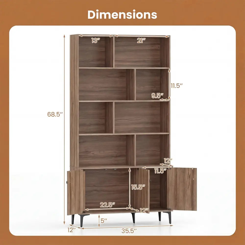 Bookshelf with 3 Doors and 2 Anti-Tipping Kits for Home Office-Walnut - Walnut - Bookcases