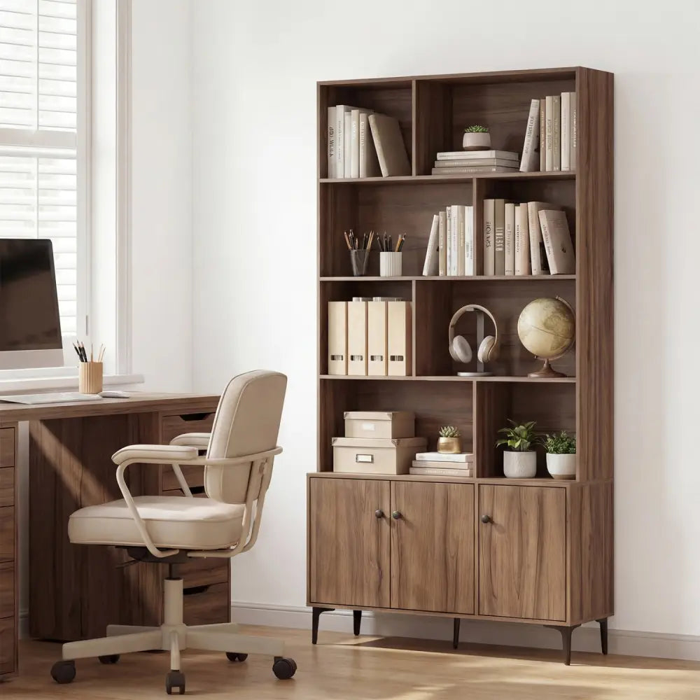 Bookshelf with 3 Doors and 2 Anti-Tipping Kits for Home Office-Walnut - Walnut - Bookcases