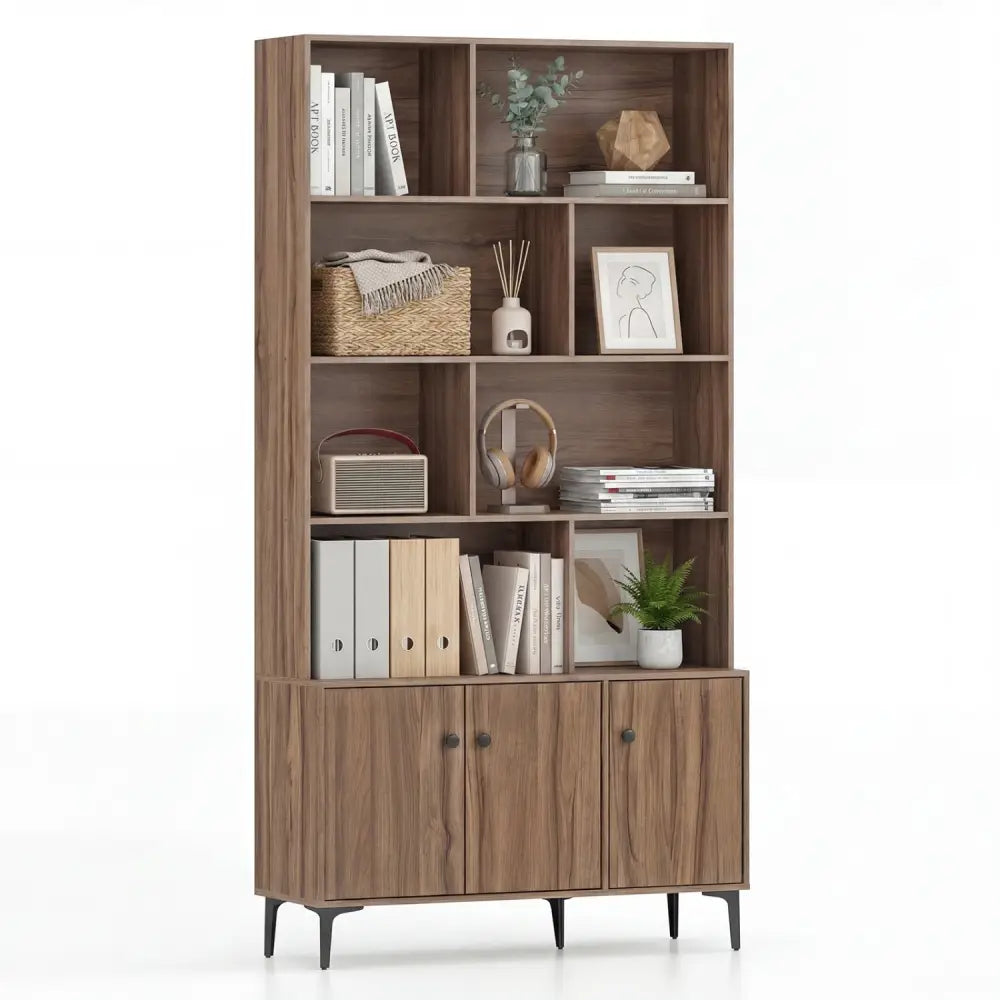 Bookshelf with 3 Doors and 2 Anti-Tipping Kits for Home Office-Walnut - Walnut - Bookcases