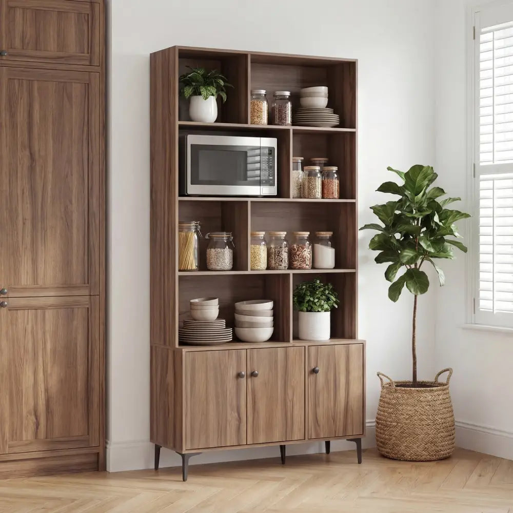 Bookshelf with 3 Doors and 2 Anti-Tipping Kits for Home Office-Walnut - Walnut - Bookcases