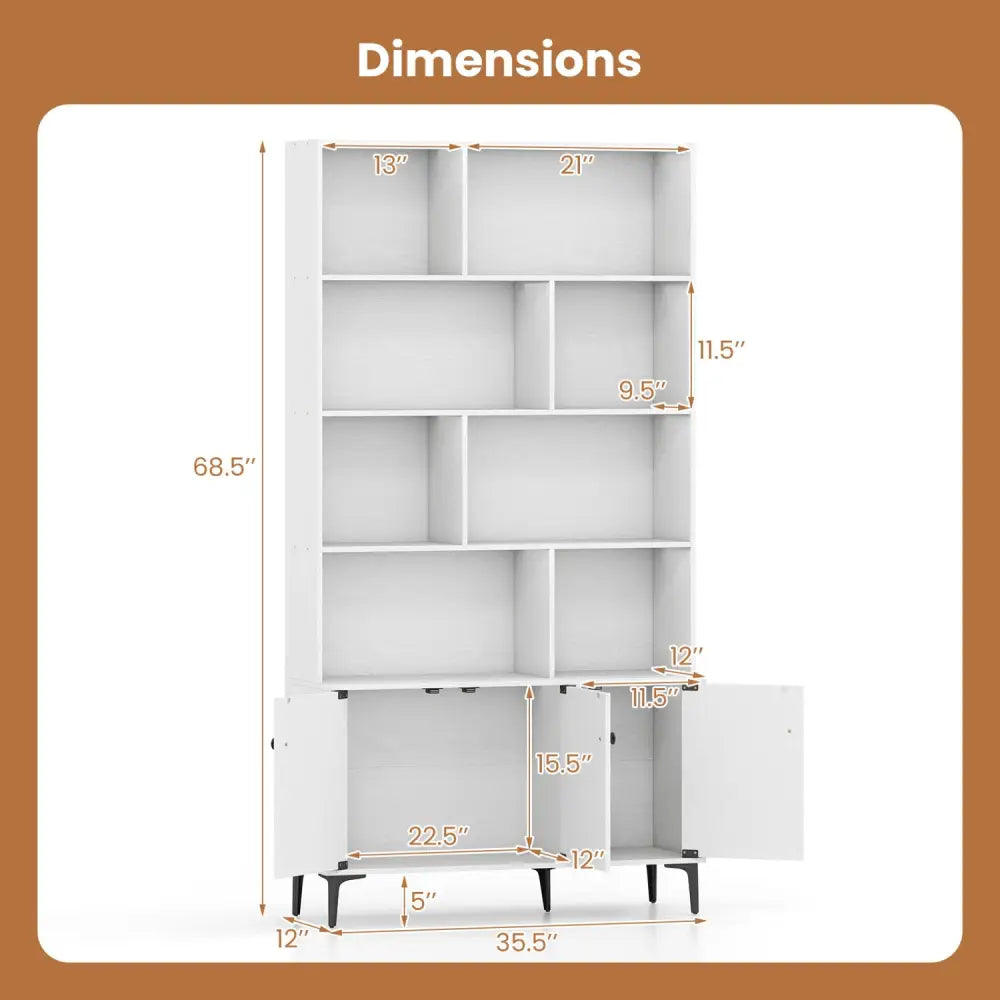 Bookshelf with 3 Doors and 2 Anti-Tipping Kits for Home Office-White - White - Bookcases