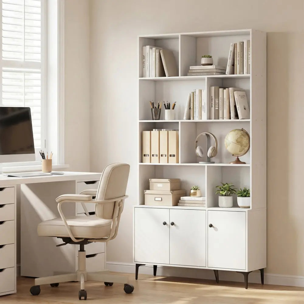 Bookshelf with 3 Doors and 2 Anti-Tipping Kits for Home Office-White - White - Bookcases