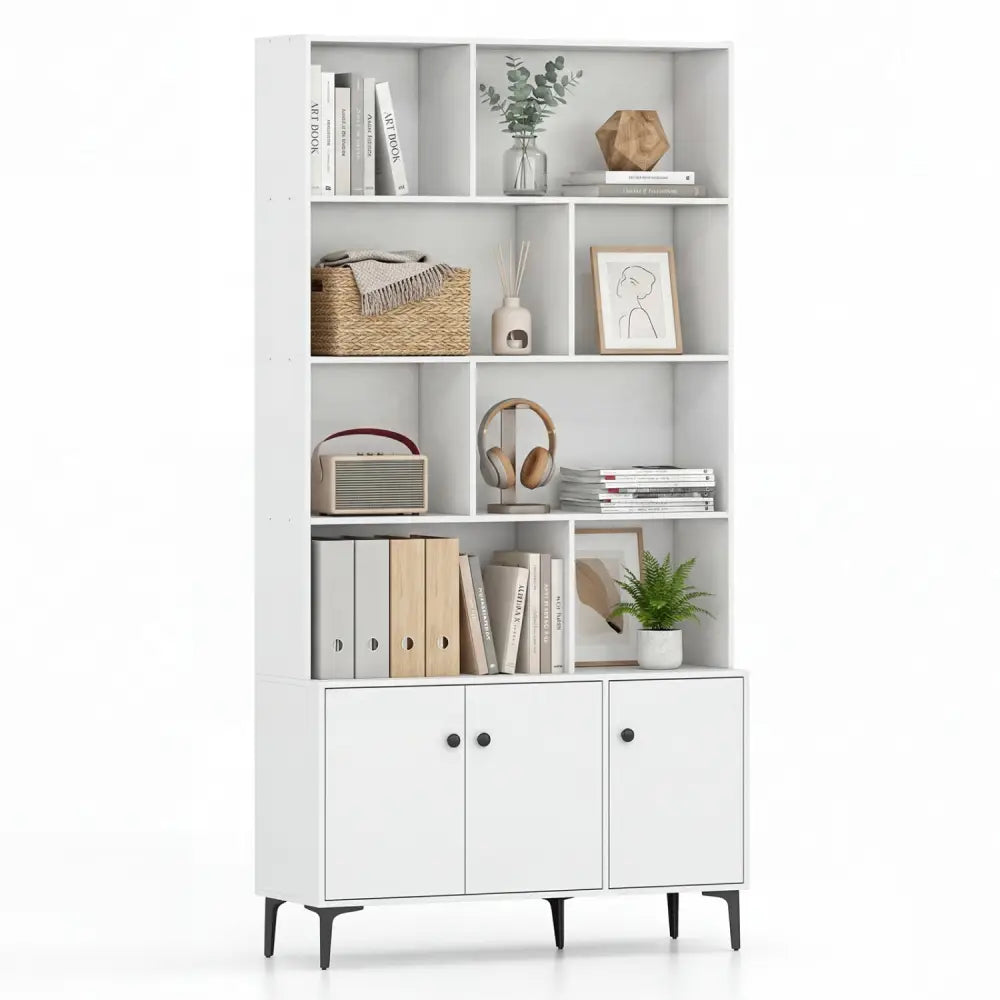 Bookshelf with 3 Doors and 2 Anti-Tipping Kits for Home Office-White - White - Bookcases