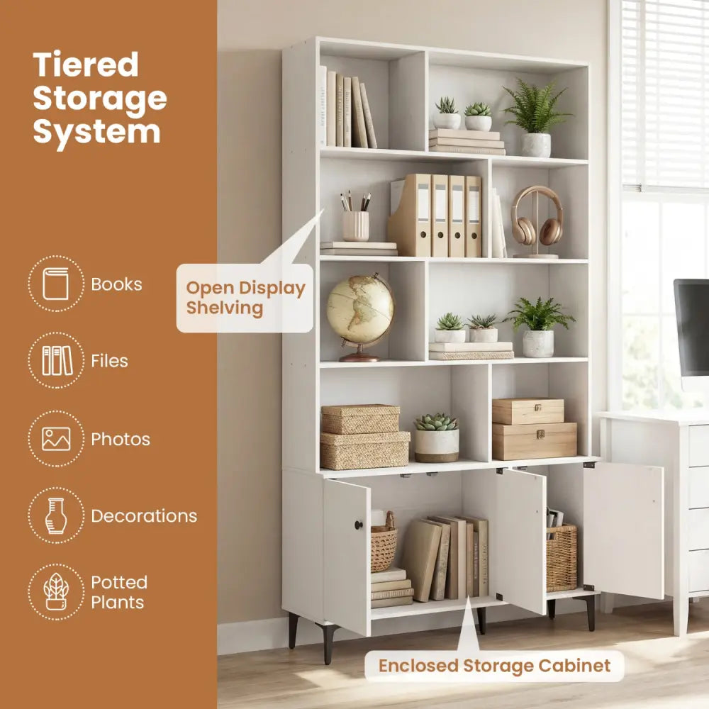 Bookshelf with 3 Doors and 2 Anti-Tipping Kits for Home Office-White - White - Bookcases